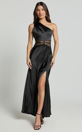 Estella Midi Dress - Asymmetrical Lace Detail Waist Slip Dress in Black ...