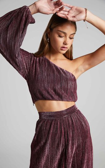 Roellah Top - Lurex Plisse One Shoulder Crop Top in Pink