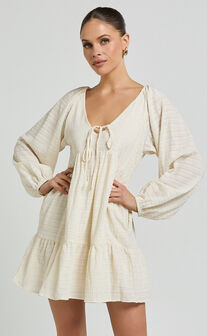 Chaney Mini Dress - Long Sleeve Tie Front Smock Dress in Ivory
