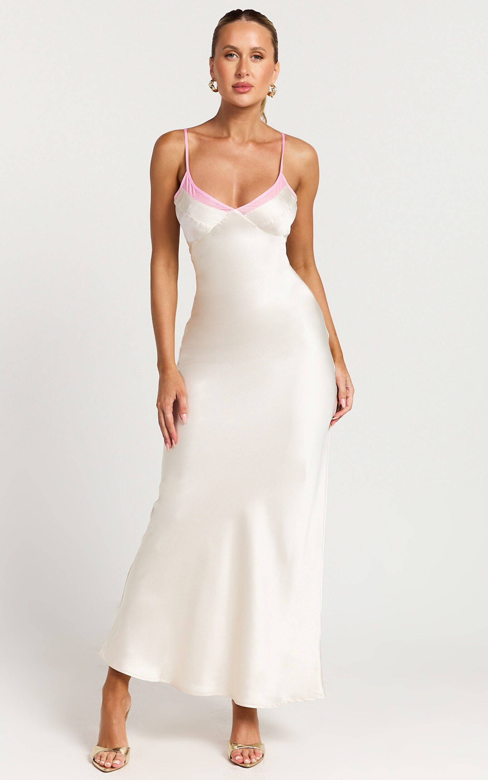 Chona Maxi Dress - Backless V Neck Slip Dress in White/Pink - 06, WHT1
