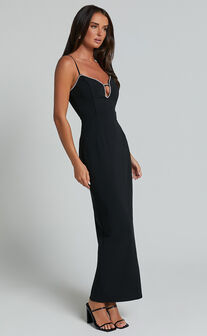 Felicity Midi Dress - Plunge Diamante Detail Dress in Black