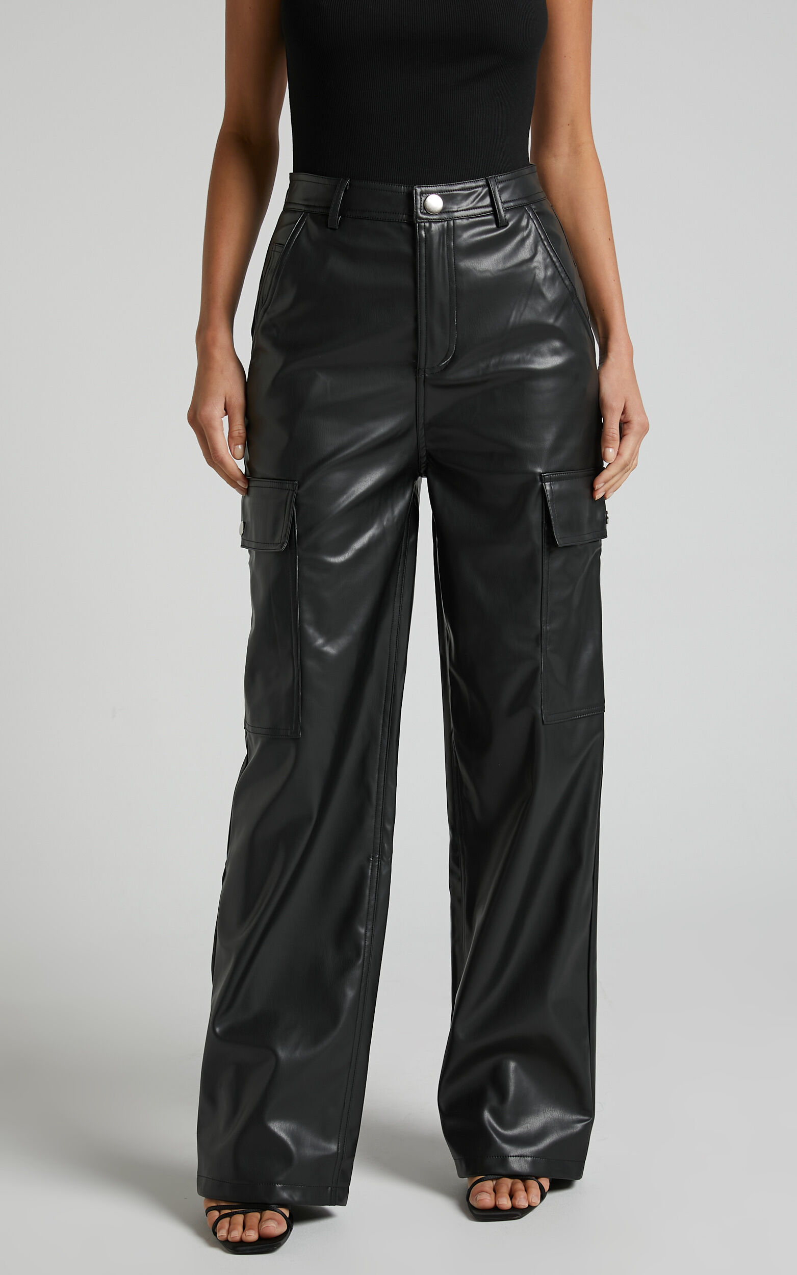 Elviera Pants High Waisted Faux Leather Cargo Pants in Black