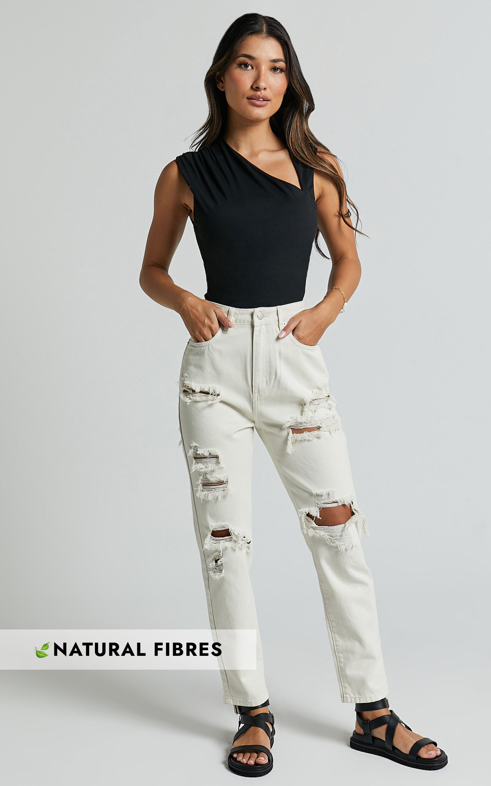 Billie Jeans - High Waisted Cotton Distressed Mom Denim Jeans in Ecru - 04, CRE1