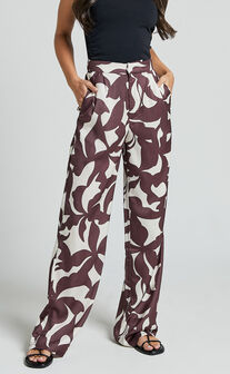 Janissa Pants - High Waisted Wide Leg Pants in Brown Floral
