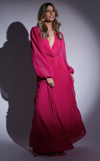 Palatine Maxi Dress - Long Sleeve Wrap Pleated Dress in Pink