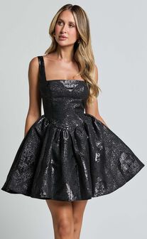Andree Mini Dress - Metallic Jacquard Full Skirt Mini Dress in Black
