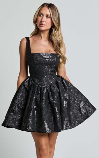 Andree Mini Dress - Metallic Jacquard Full Skirt Mini Dress in Black