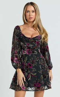 Jessell Mini Dress - Long Sleeve Cowl Corset Dress in Black Floral