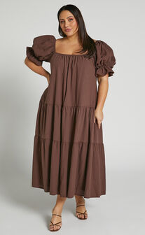 Zaharrah Midi Dress - Tiered Dress in Chocolate Linen Look