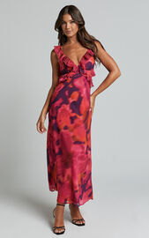 Alessa Midi Dress - V Neck Frill Detail Empire Waist Back Cut Out Dress in ADEANA PRINT | Showpo USA