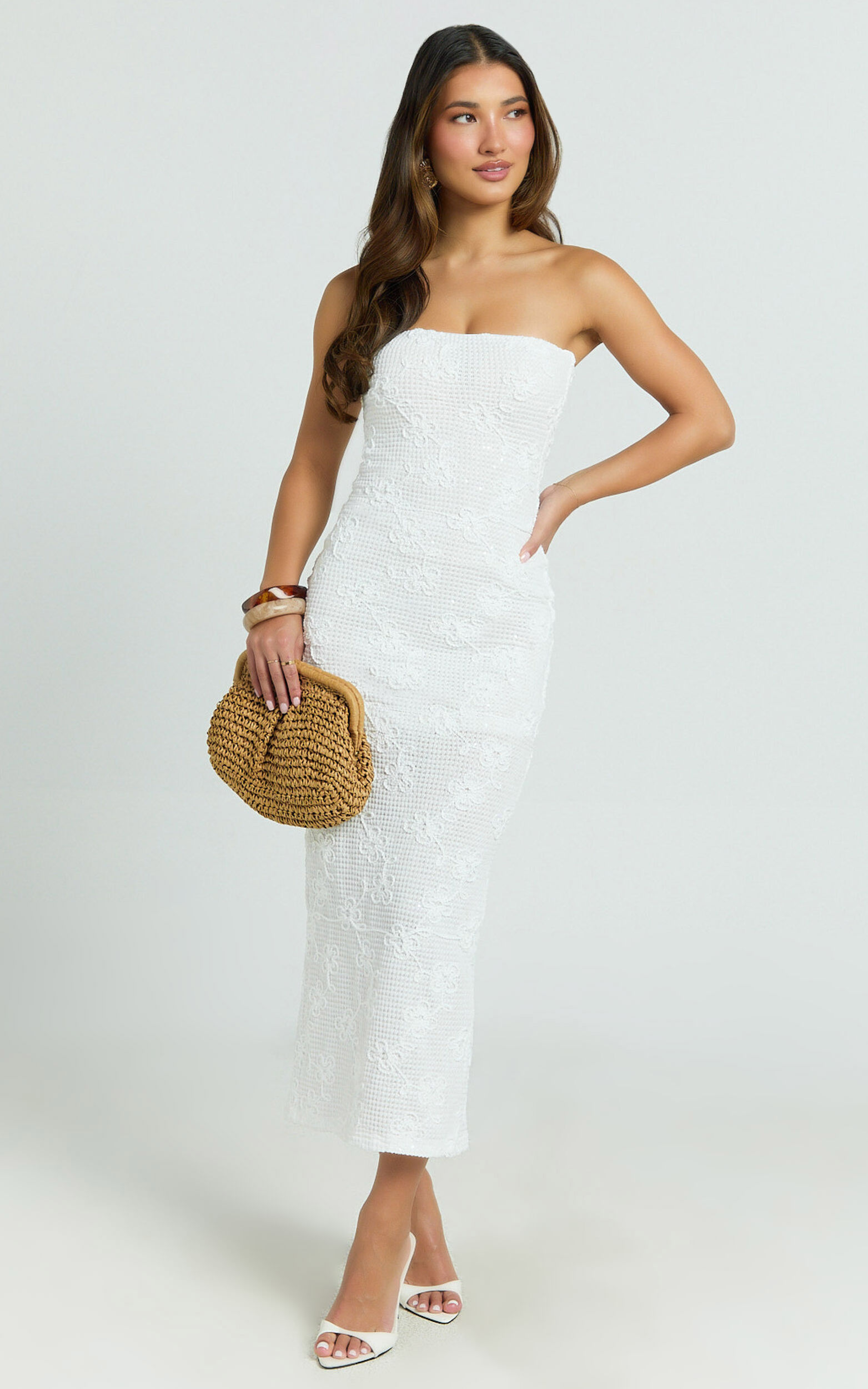 Jamil Midi Dress - Strapless Fitted Jersey Dress in White - 06, WHT1