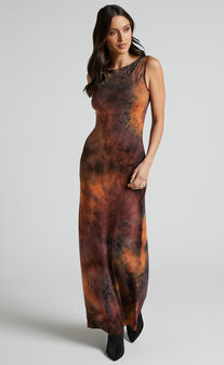 Amayra Midi Dress - High Neck Bodycon Dress in Brown Tie Dye