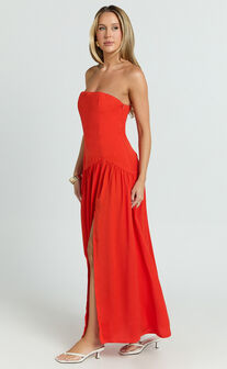 Nadiane Maxi Dress - Strapless Asymmetric Drop Waist Dress in Orange
