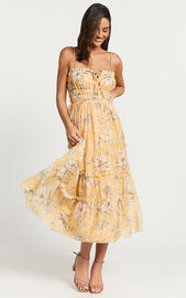 Fran Midi Dress - Ruched Tie Front Tiered Dress in Yellow Floral | Showpo
