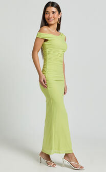 Vicky Midi Dress - Off the Shoulder Slip Dress in Lime