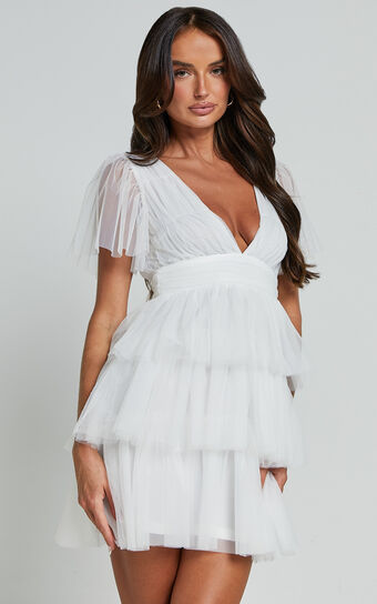 Danesa Mini Dress - Tulle Plunge Neck Short Flutter Sleeve Empire Waist Tiered Dress in White