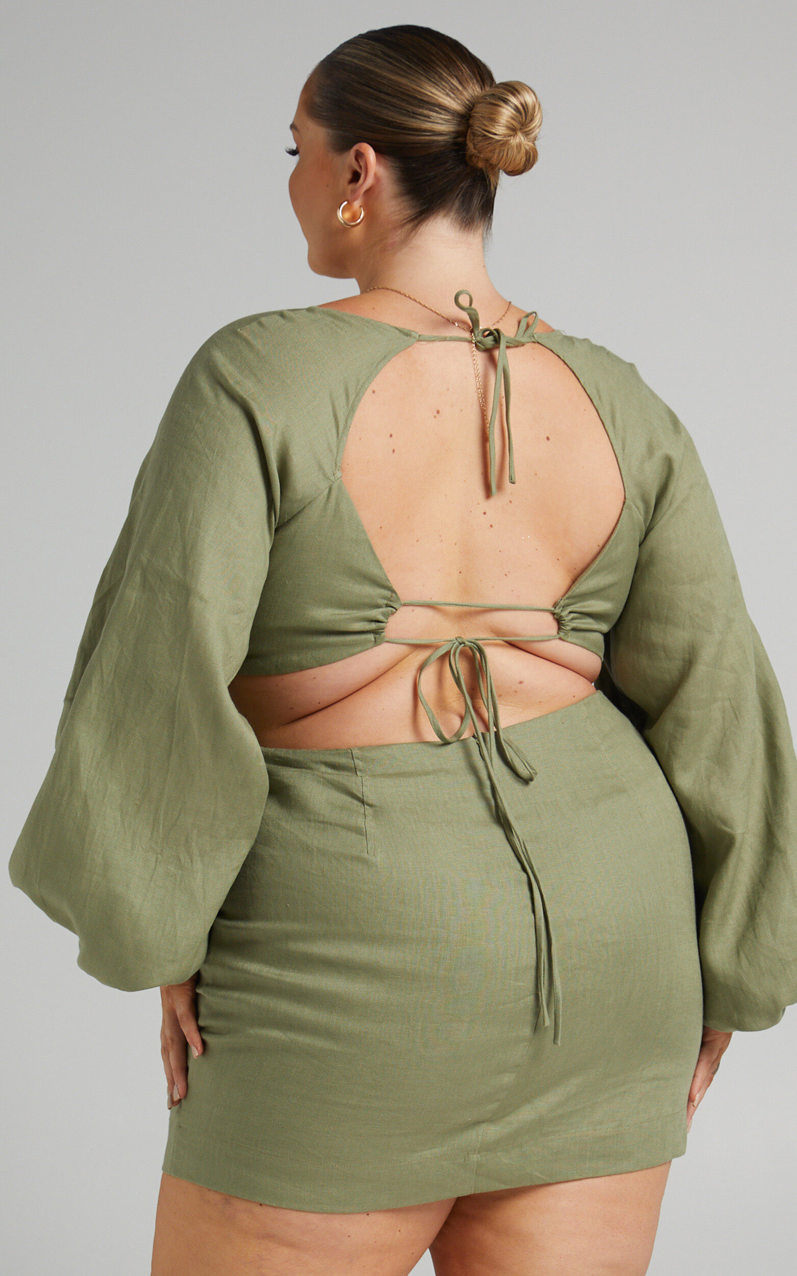 Amalie The Label Aileen Linen Balloon Sleeve Cut Out Mini Dress in Sage Showpo USA