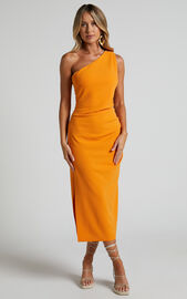 Monette Midi Dress - One Shoulder Straight Dress in Orange | Showpo EU