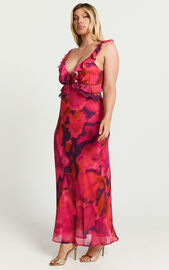 Alessa Maxi Dress - V Neck Frill Detail Empire Waist Back Cut Out Dress in Adeana Print | Showpo USA