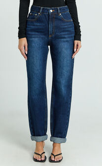 Harlene Jeans - High Rise Relaxed Mom Jeans in Dark Blue Wash