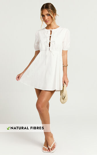 Hattie Mini Dress - Tie Front Puff Sleeve Dress in White