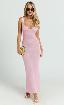 Jenna Maxi Dress - Scoop Neck Sleeveless Sequin Knit Dress with Star Brooch in Light Pink