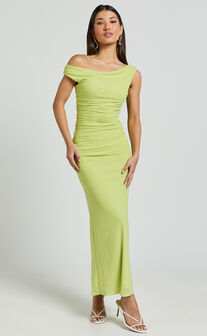 Vicky Midi Dress - Off the Shoulder Slip Dress in Lime