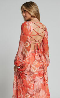 Deborah Midi Dress - Ballon Sleeve V Neck Side Cut Out Dress in Orange Floral