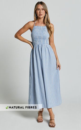 Aimie Midi Dress - Strappy Halter Neck Shirred Top in Blue Gingham Check