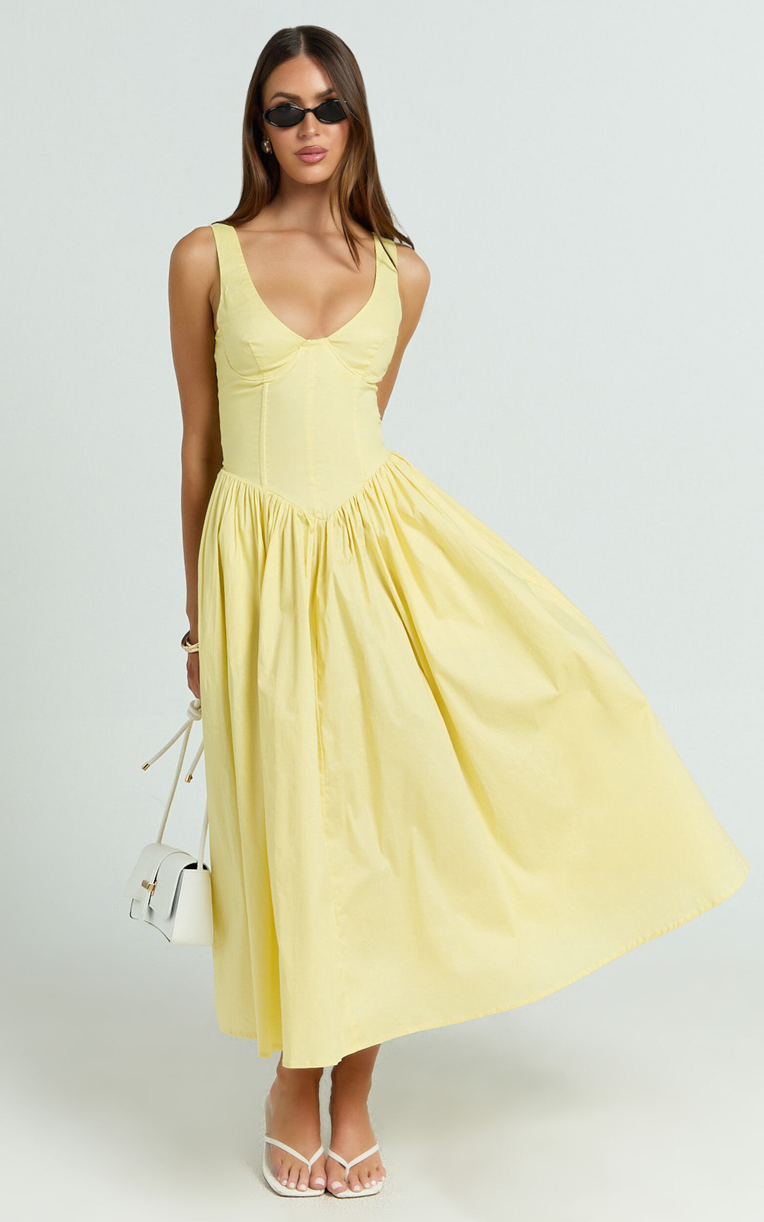 Beckett Midi Dress - Scoop Neck Drop V Waist Gathered Skirt Dress in Butter Yellow - 06, YEL1