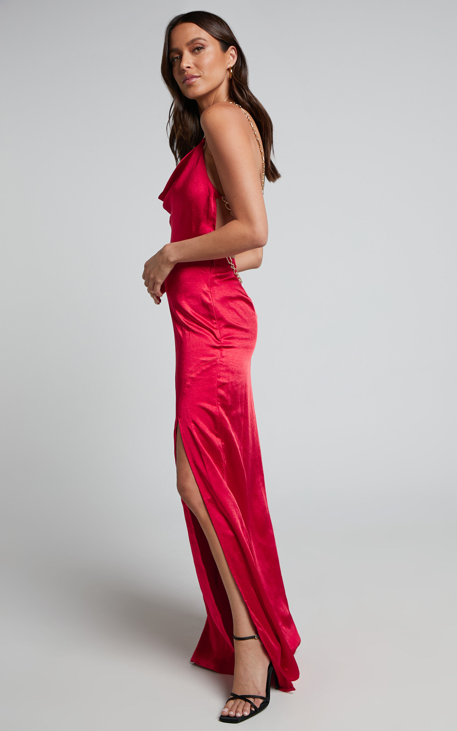 Bravia Maxi Dress - Chain Strap Open Back Satin Dress in Red | Showpo USA