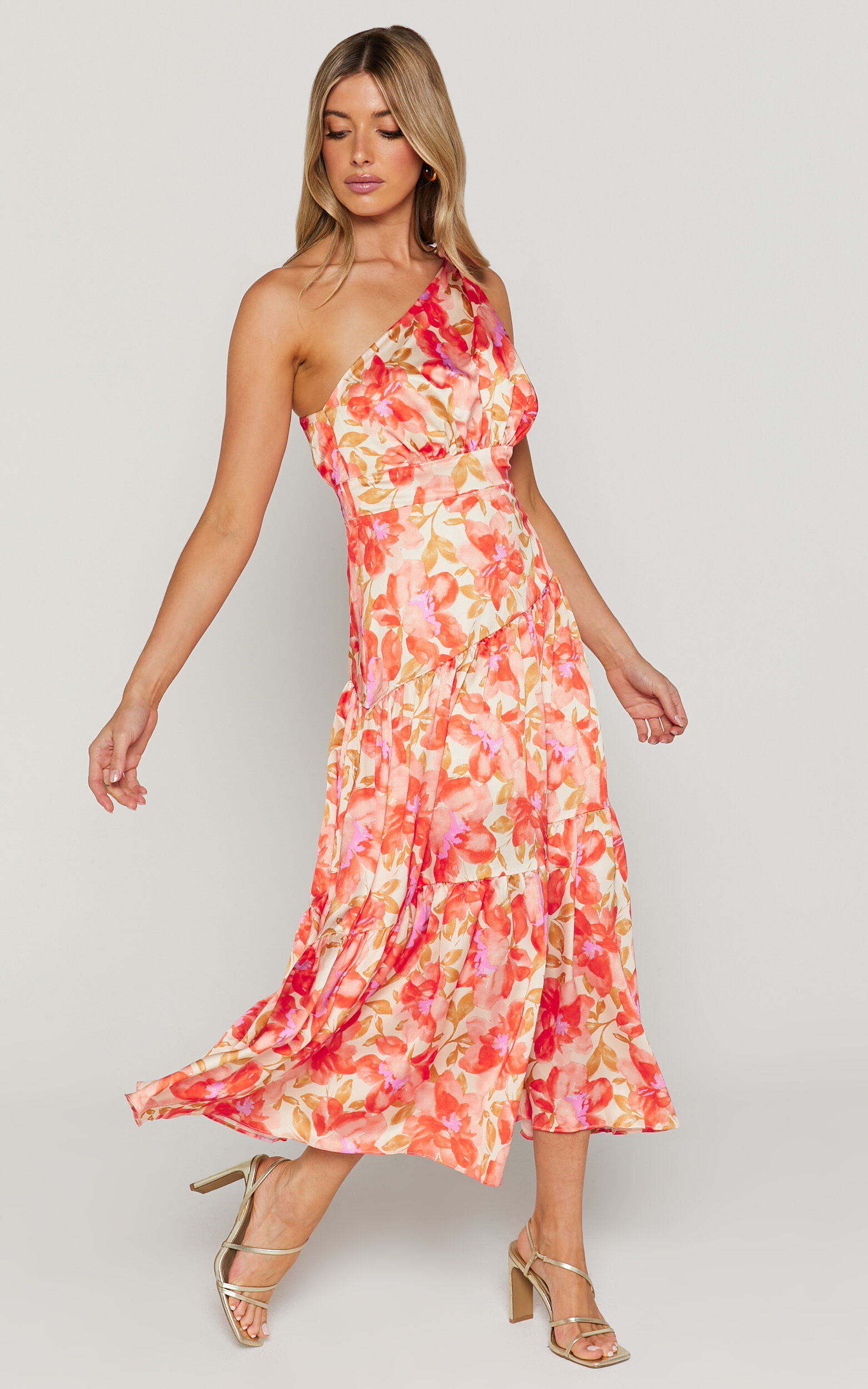 Georgine Midi Dress One Shoulder Ruched Tiered Dress in AUTUMN FLORAL