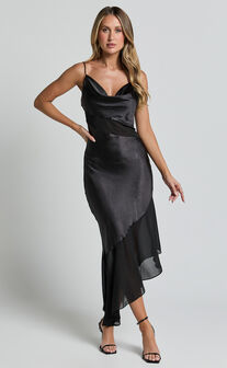 Sansa Midi Dress - Satin Cowl Neck Contrast Hem Asymmetrical Dress in Black