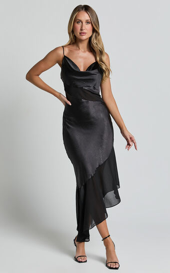 Sansa Midi Dress - Satin Cowl Neck Contrast Hem Asymmetrical Dress in Black