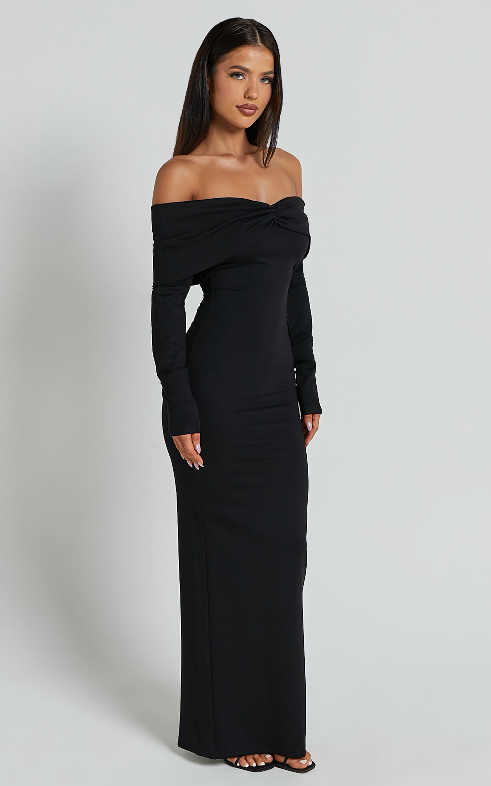 Rani Midi Dress - Off Shoulder Long Sleeve Bodycon Dress in Black | Showpo