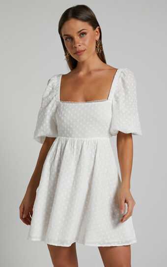 Gabien Mini Dress - Square Neck Blouson Sleeve Dress in White
