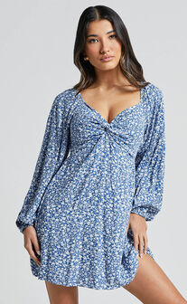 Ellison Mini Dress - 3/4 Sleeve Twist Bodice Dress in Blue Floral