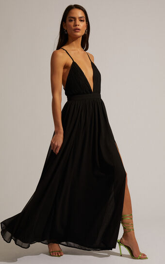 Shes A Delight Midi Dress - Plunge Thigh Split Dress in Black | Showpo EU