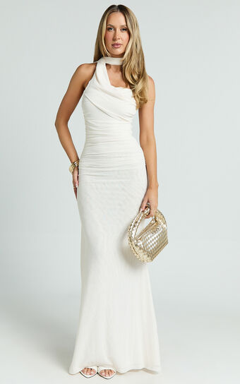 Larson Maxi Dress - Asymmetric Tie Neck Column Dress in Cream