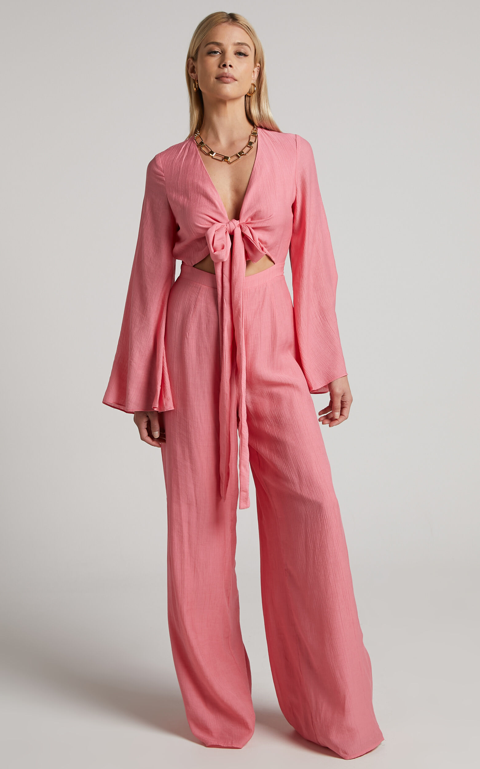 Dhalia Jumpsuit Tie Front Long Sleeve Wide Leg Jumpsuit in Pink