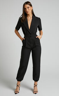 Coco Jumpsuit - Collared Short Sleeve Straight Leg Jumpsuit in Black