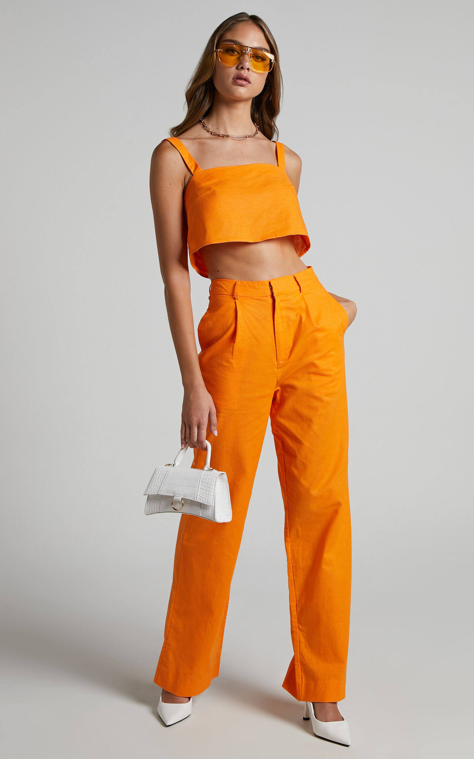 Claudina Two Piece Set - Cropped Cami Top and Relaxed Pants Set in Bright Orange - 06, ORG1