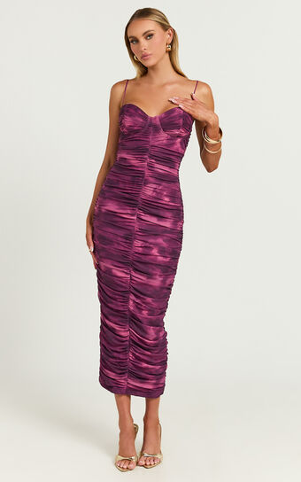 Leanor Midi Dress - Mesh Ruched Bustier Bodycon Dress in Purple Fields