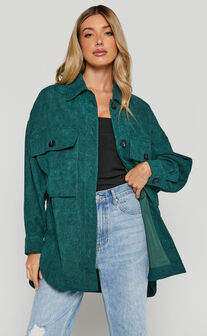 Maleah Shacket - Oversized Button Up cord shacket in Forest Green