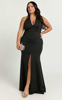 Moana Maxi Dress - Halter Plunge Front Split Dress in Black
