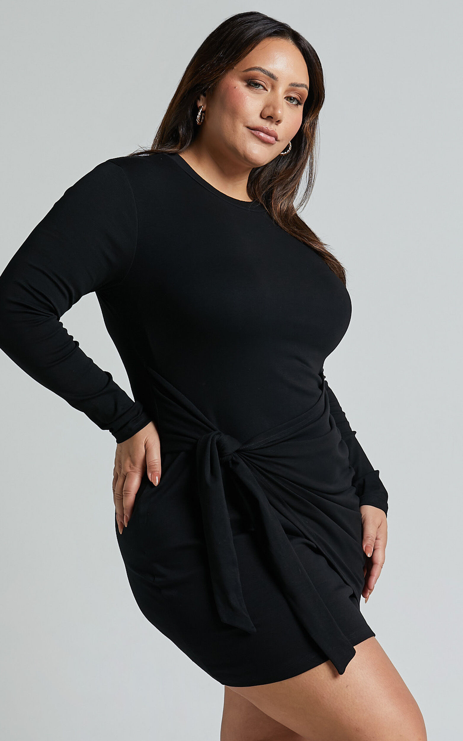 Marleen Mini Dress - Wrap Front Long Sleeve Bodycon Dress in Black | Showpo