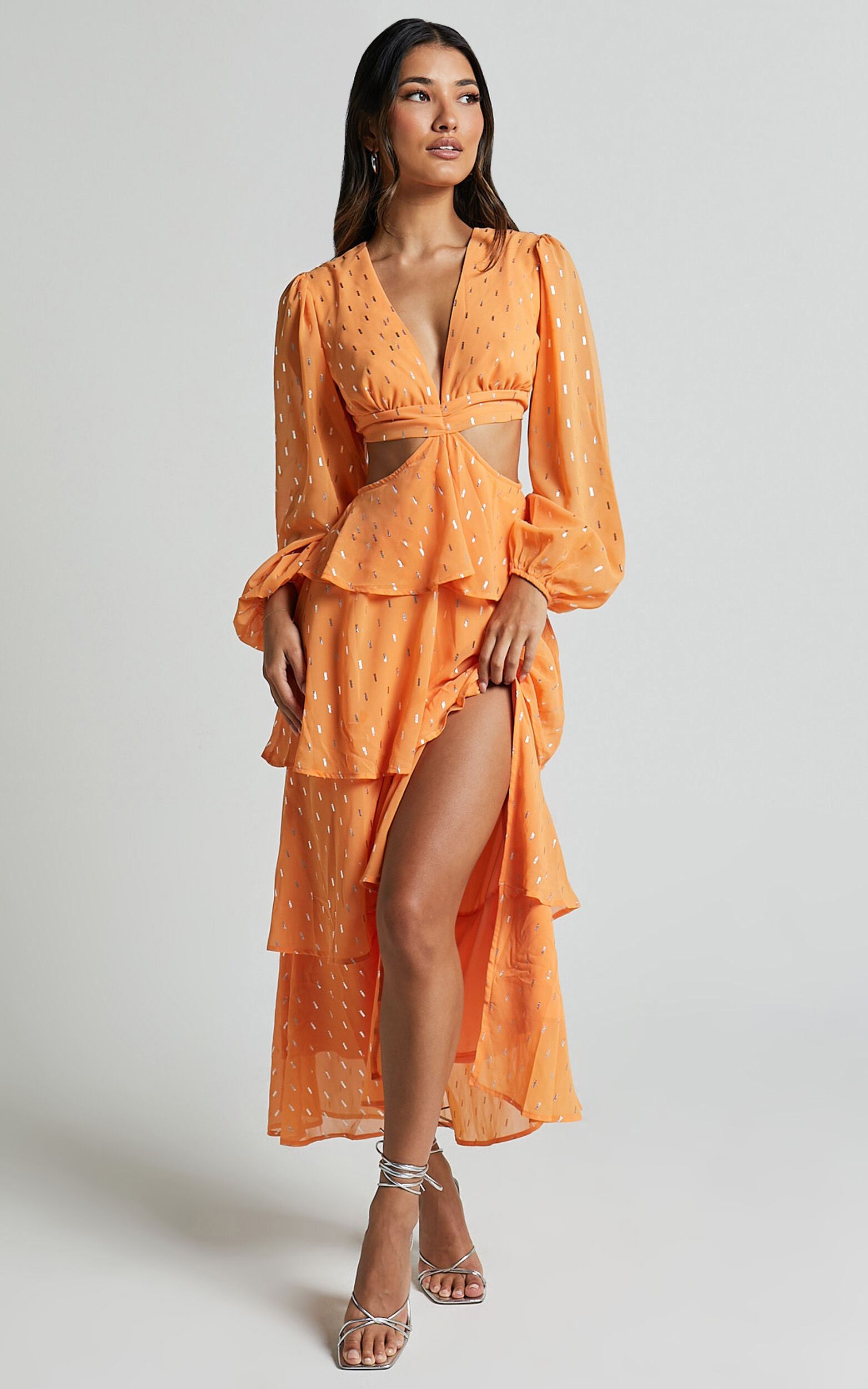 Ammie Midi Dress - Cut Out Balloon Sleeve Tierred Dress in Orange - XS, ORG1