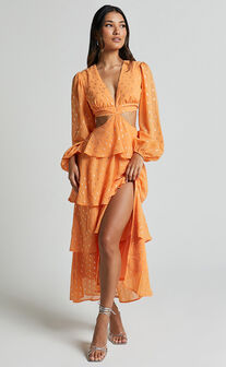 Ammie Midi Dress - Cut Out Balloon Sleeve Tierred Dress in Orange