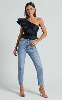 Kirby Top - One Shoulder Frill Top in Black