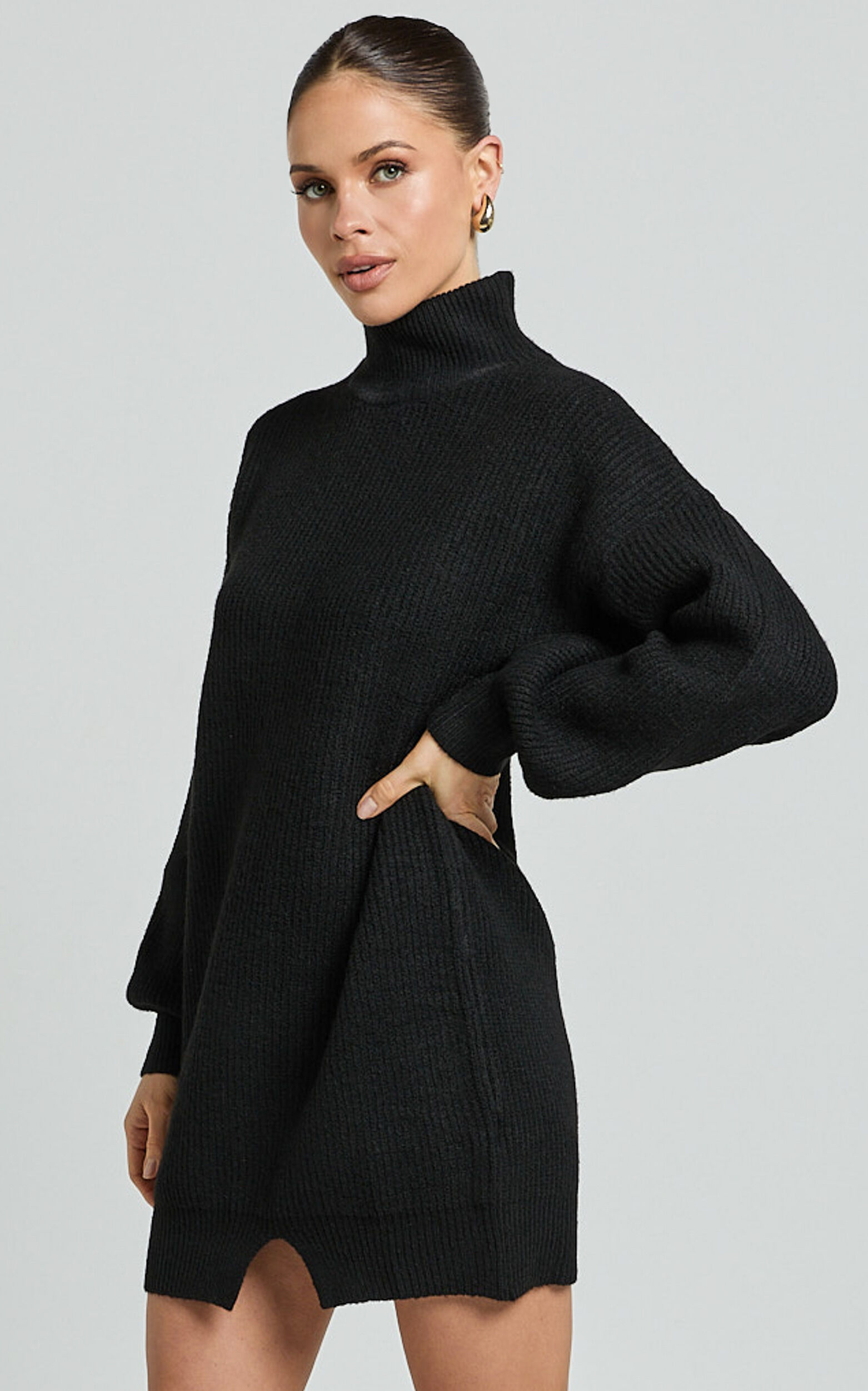 Tianna Mini Dress Knitted Side Split Jumper Dress in Black Showpo